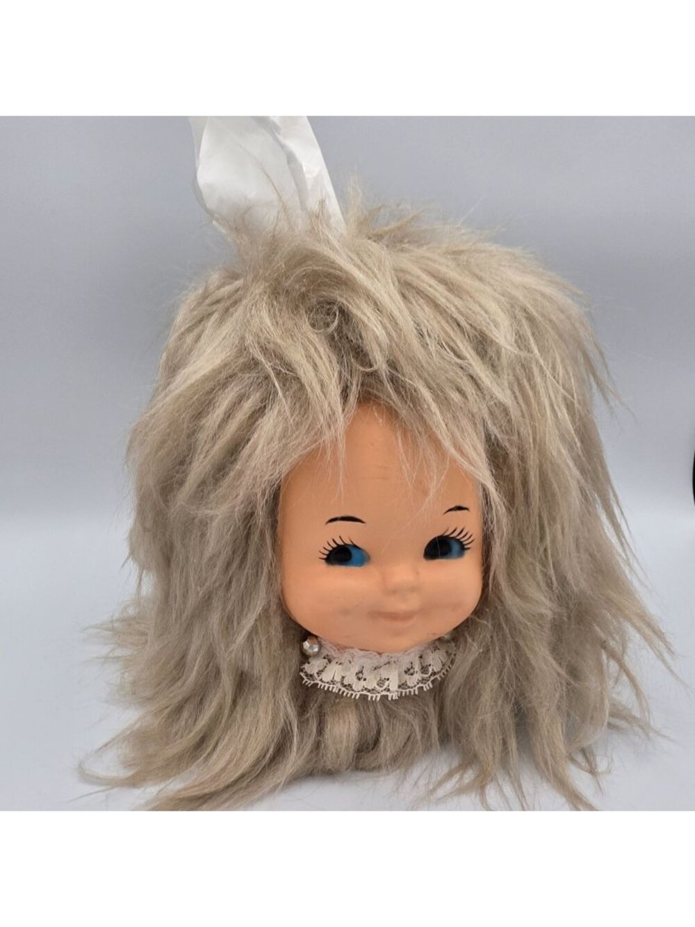 Vintage Baby Doll Head Tissue Box Cover Vintage Blond Hair Earrings Lace